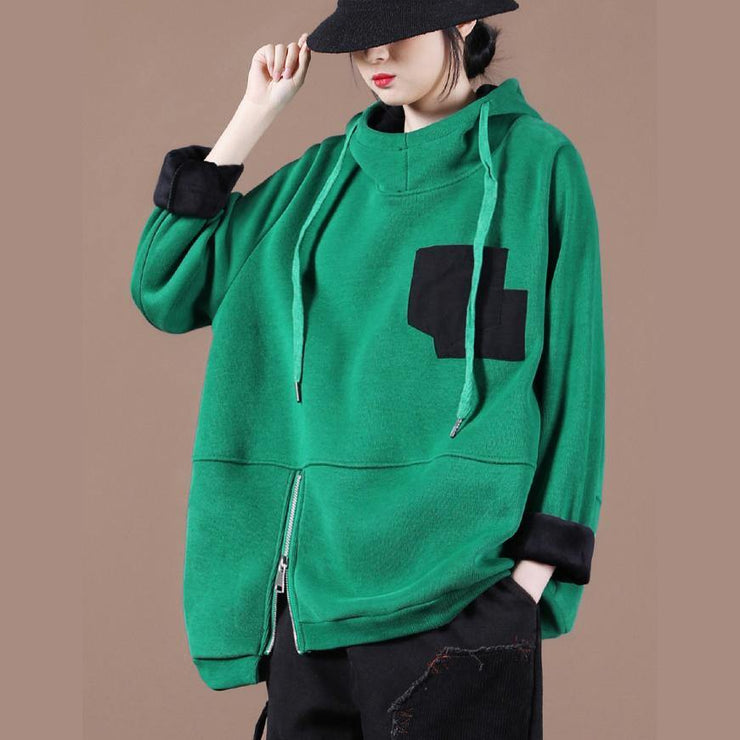 Beautiful green thick tops women blouses hooded patchwork oversized  shirts - SooLinen