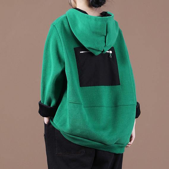 Beautiful green thick tops women blouses hooded patchwork oversized  shirts - SooLinen