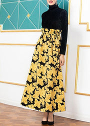 Beautiful high neck cotton winter tunics for women Inspiration black patchwork cotton Dress - SooLinen