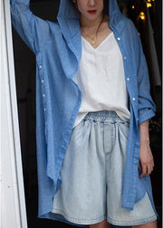 Beautiful hooded cotton summer linen tops women blouses Christmas Gifts blue tops - SooLinen