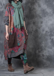 Beautiful hooded drawstring cotton Wardrobes design gray print Maxi Dresses fall - SooLinen