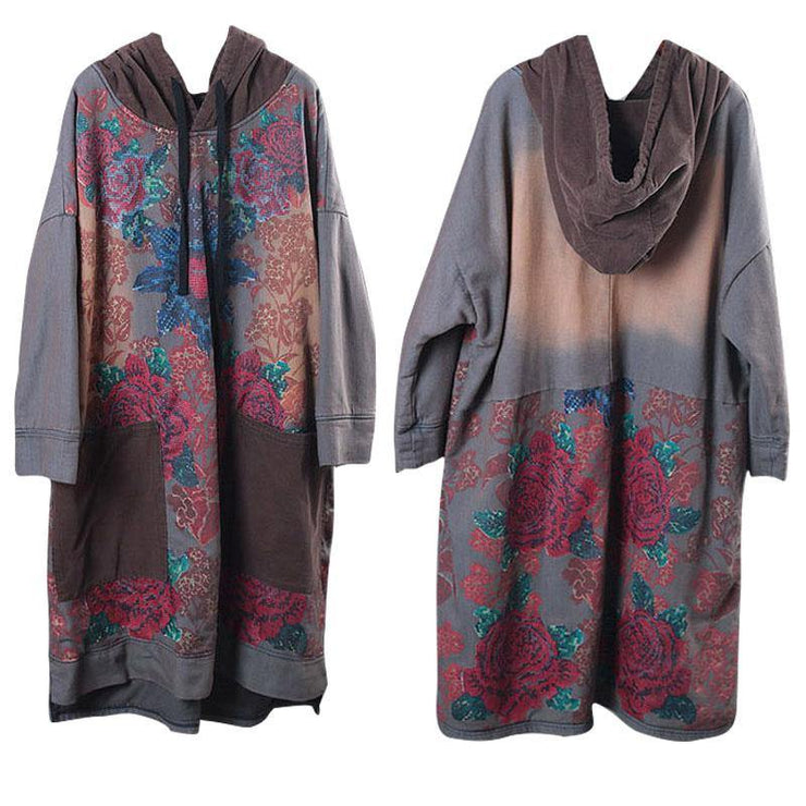 Beautiful hooded drawstring cotton Wardrobes design gray print Maxi Dresses fall - SooLinen
