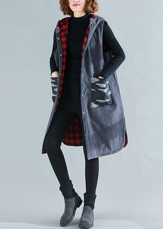 Beautiful hooded sleeveless fine spring maxi coat gray box outwear - SooLinen