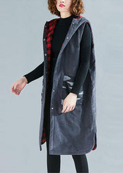Beautiful hooded sleeveless fine spring maxi coat gray box outwear - SooLinen