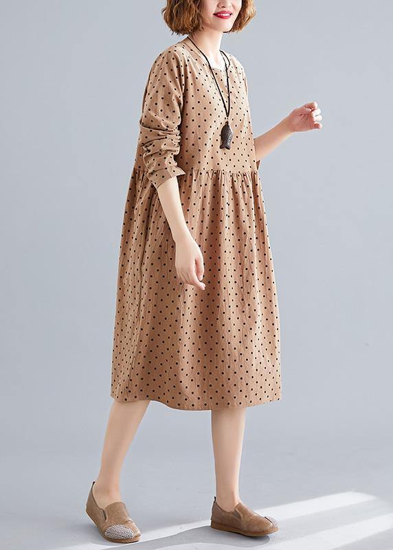 Beautiful khaki dotted Cotton quilting dresses o neck Cinched oversized spring Dress - SooLinen