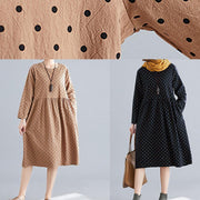 Beautiful khaki dotted Cotton quilting dresses o neck Cinched oversized spring Dress - SooLinen