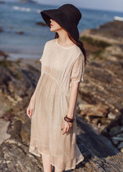 Beautiful khaki o neck cotton Tunics short sleeve long summer Dress - SooLinen