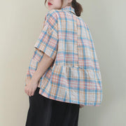 Beautiful khaki plaid cotton pattern lapel Button Down daily tops - SooLinen