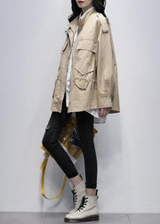 Beautiful khaki print Plus Size tunic pattern Wardrobes stand collar pockets women coats - SooLinen