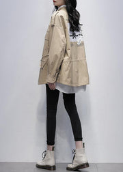 Beautiful khaki print Plus Size tunic pattern Wardrobes stand collar pockets women coats - SooLinen