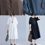 Beautiful lantern sleeve cotton quilting clothes Shape dark khaki o neck Plus Size Dress summer - SooLinen