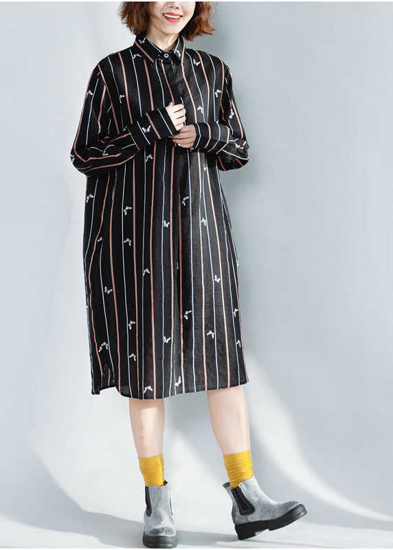 Schöne Revers Button-Down-Baumwoll-Tuniken plus Größe schwarz gestreifte lockere Kleider Frühling