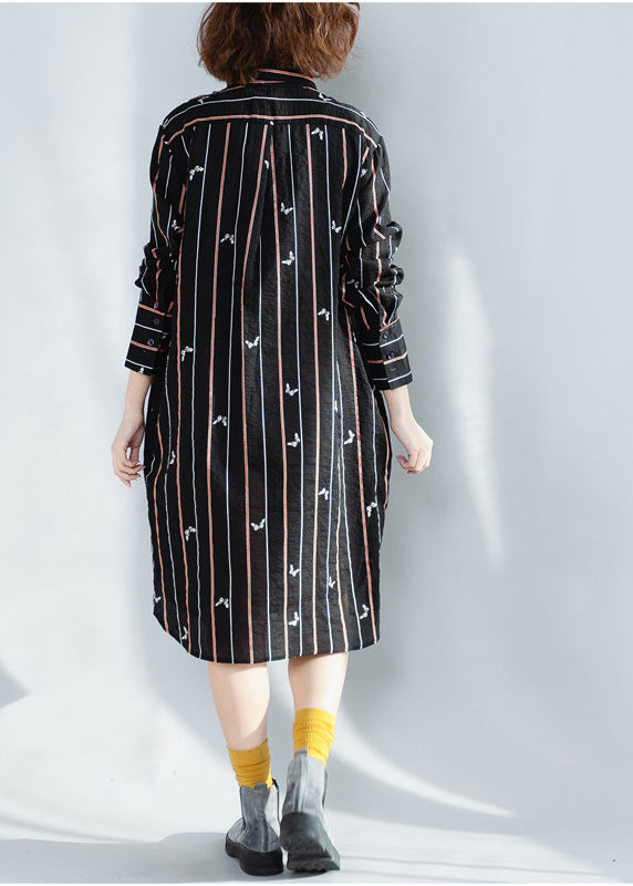 Schöne Revers Button-Down-Baumwoll-Tuniken plus Größe schwarz gestreifte lockere Kleider Frühling