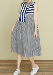 Beautiful lapel atchwork cotton dresses Outfits striped Robe Dress - SooLinen