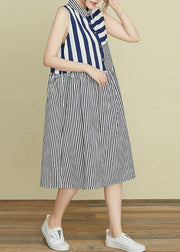 Beautiful lapel atchwork cotton dresses Outfits striped Robe Dress - SooLinen