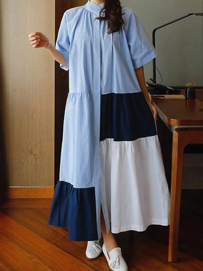 Beautiful lapel patchwork cotton clothes Runway blue Dresses - SooLinen