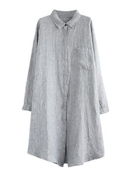 Beautiful lapel pockets linen clothes Photography gray striped Dress - SooLinen