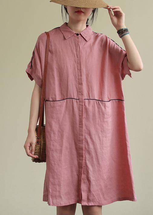 Beautiful lapel pockets linen summer dresses Runway pink Dress - SooLinen