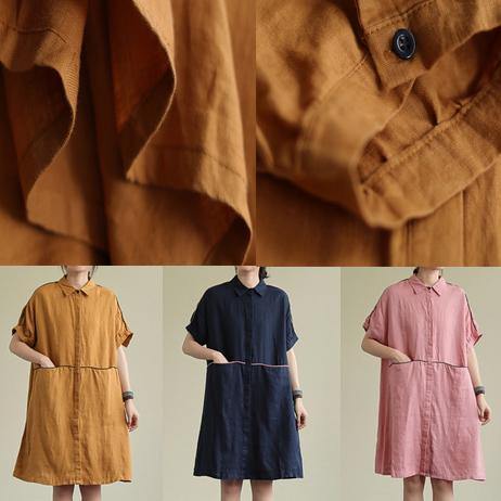 Beautiful lapel pockets linen summer dresses Runway pink Dress - SooLinen