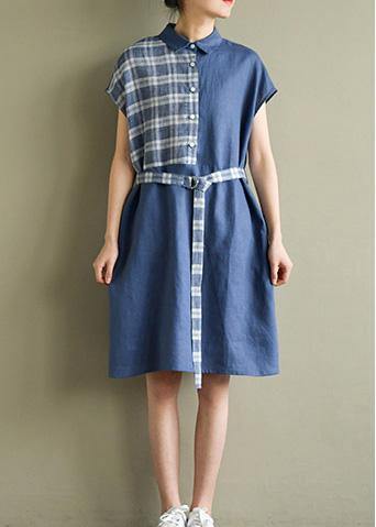 Beautiful lapel tie waist linen dresses Cotton blue Plaid Dress summer - SooLinen