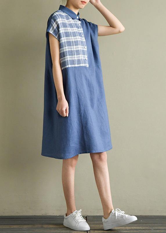 Beautiful lapel tie waist linen dresses Cotton blue Plaid Dress summer - SooLinen