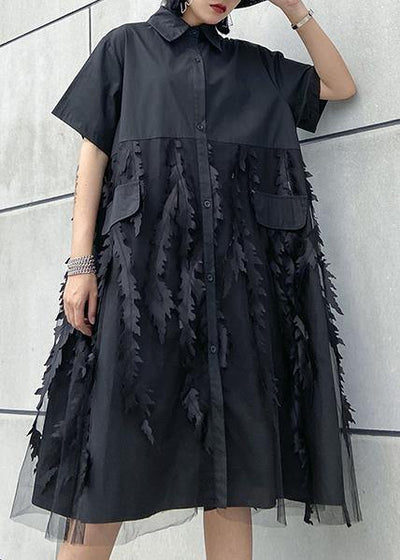 Beautiful lapel tulle Cotton summer clothes For Women Shape black Dress - SooLinen