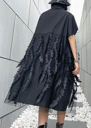 Beautiful lapel tulle Cotton summer clothes For Women Shape black Dress - SooLinen