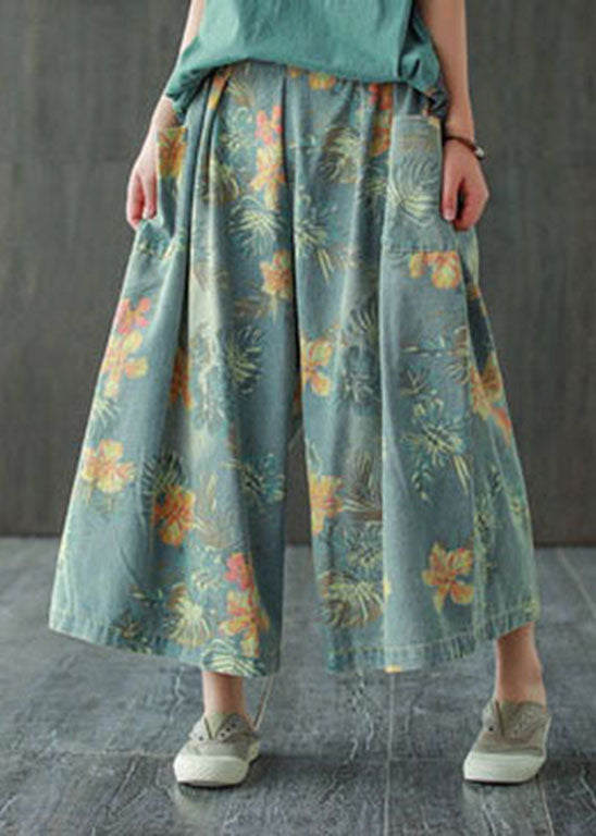 Beautiful light Blue elastic waist Pockets Print Cotton wide leg Pants Spring