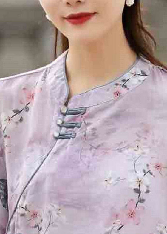 Beautiful light Purple Stand Collar Print Button Linen Blouse Top Short Sleeve