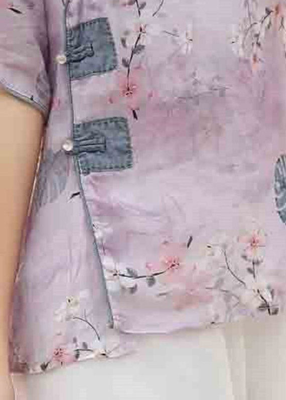 Beautiful light Purple Stand Collar Print Button Linen Blouse Top Short Sleeve