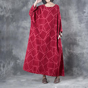 Schöne Leinenkleidung für Damen, feines Leinen, dreiviertel Ärmel, geometrisches Muster, rotes Kleid