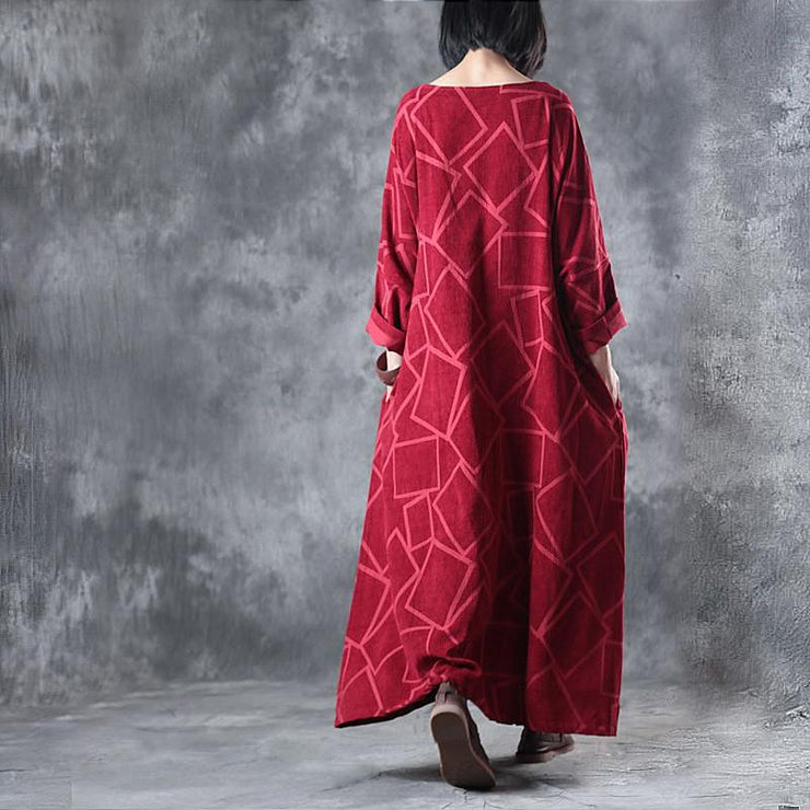 Beautiful linen clothes For Women Fine Linen Three Quarter Sleeve Geometry Pattern Red Dress