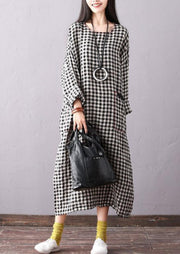 Beautiful linen dresses Fashion Batwing Sleeve Women Round Neck Plaid Black Dress