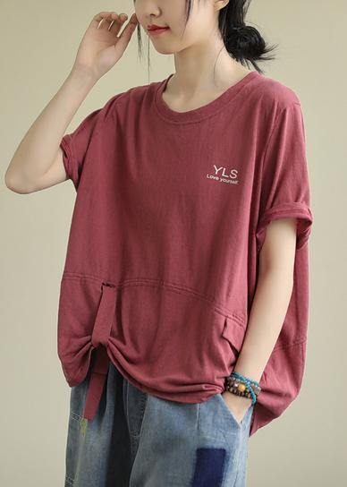 Beautiful o neck Letter cotton shirts Fashion Ideas red top - SooLinen