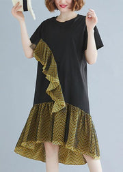 Beautiful o neck Ruffles Cotton summer clothes For Women black Dresses - SooLinen