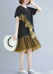 Beautiful o neck Ruffles Cotton summer clothes For Women black Dresses - SooLinen