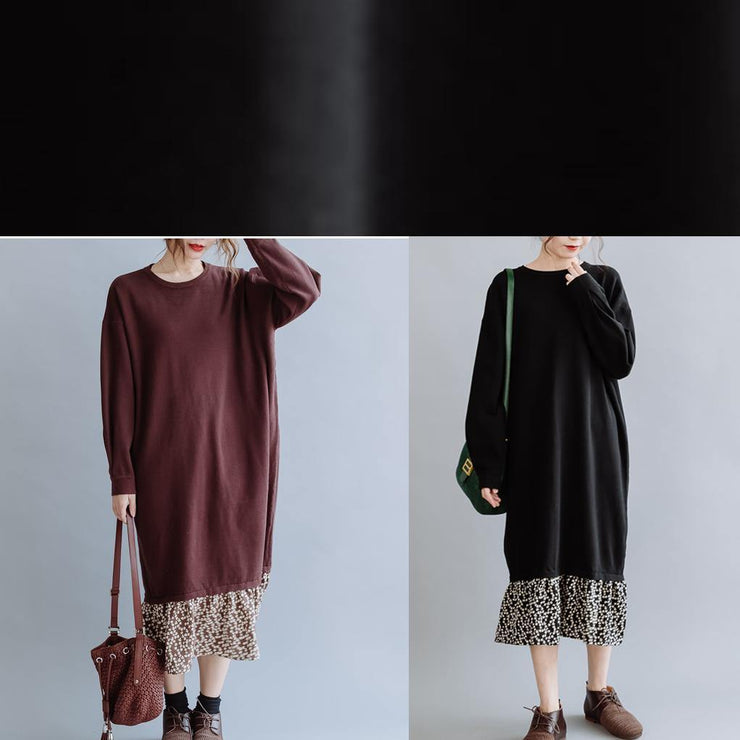 Beautiful o neck asymmetric false two pieces fall clothes For Women Outfits brown loose Dress - SooLinen