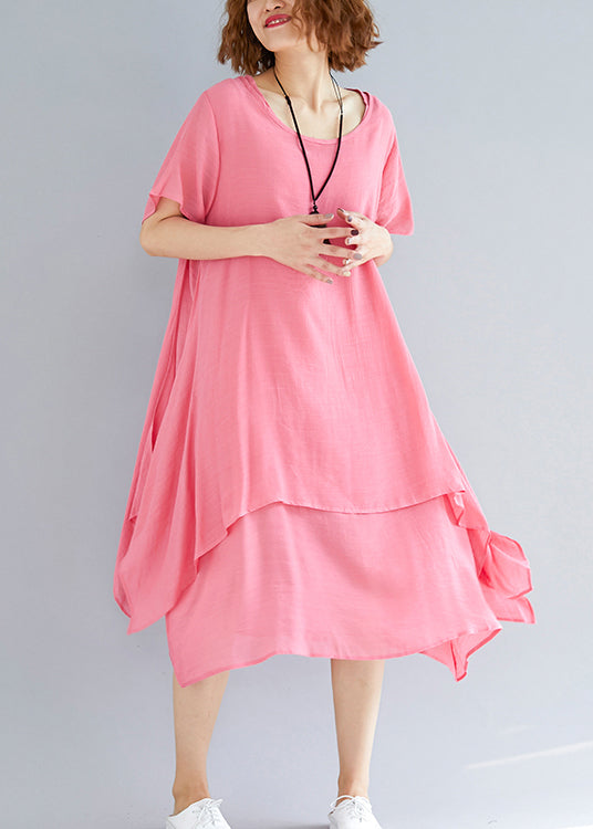 Schöne O-Ausschnitt asymmetrische Leinenkleidung Bio-Ausschnitt rosa übergroßes Kleid Sommer
