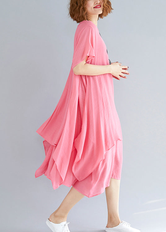 Schöne O-Ausschnitt asymmetrische Leinenkleidung Bio-Ausschnitt rosa übergroßes Kleid Sommer