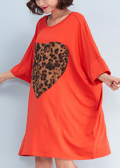 Beautiful o neck baggy Cotton clothes Women Fashion pattern orange Plus Size Dresses Summer