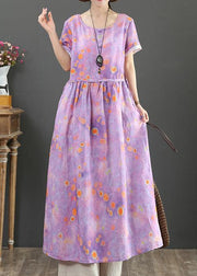 Beautiful o neck drawstring cotton linen summer clothes purple print Dress - SooLinen