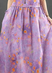 Beautiful o neck drawstring cotton linen summer clothes purple print Dress - SooLinen