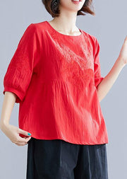 Beautiful o neck embroidery cotton Shirts Fashion Ideas red tops summer - SooLinen