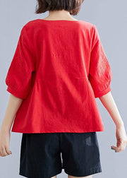 Beautiful o neck embroidery cotton Shirts Fashion Ideas red tops summer - SooLinen