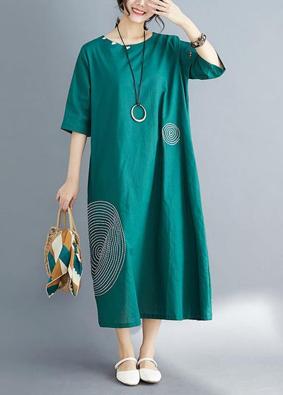 Beautiful o neck embroidery cotton dress plus size pattern green Dress Summer - SooLinen