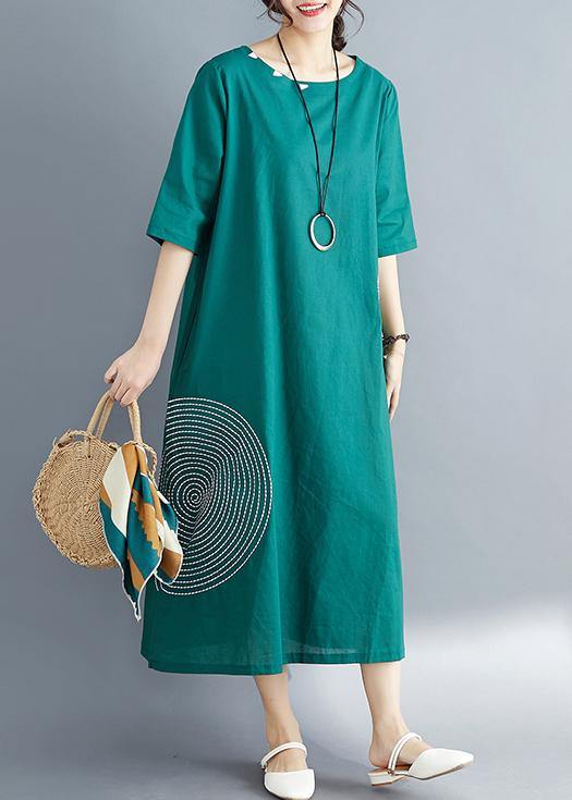 Beautiful o neck embroidery cotton dress plus size pattern green Dress Summer - SooLinen