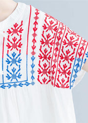 Beautiful o neck embroidery cotton linen tops silhouette white Midi tops summer - SooLinen