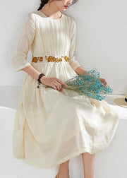 Beautiful o neck embroidery linen summer clothes Sewing beige Dresses - SooLinen