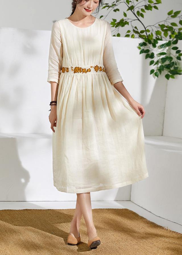 Beautiful o neck embroidery linen summer clothes Sewing beige Dresses - SooLinen