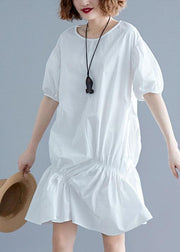 Beautiful o neck lantern sleeve Cotton pattern white Dresses - SooLinen